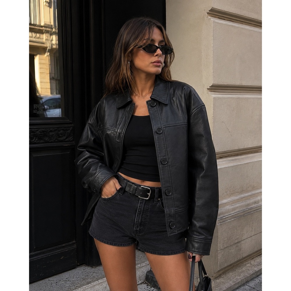 Muubaa Black 100% Sheep Leather Jacket Oversized Boxy US 10 UK 14 EU 42. EUC